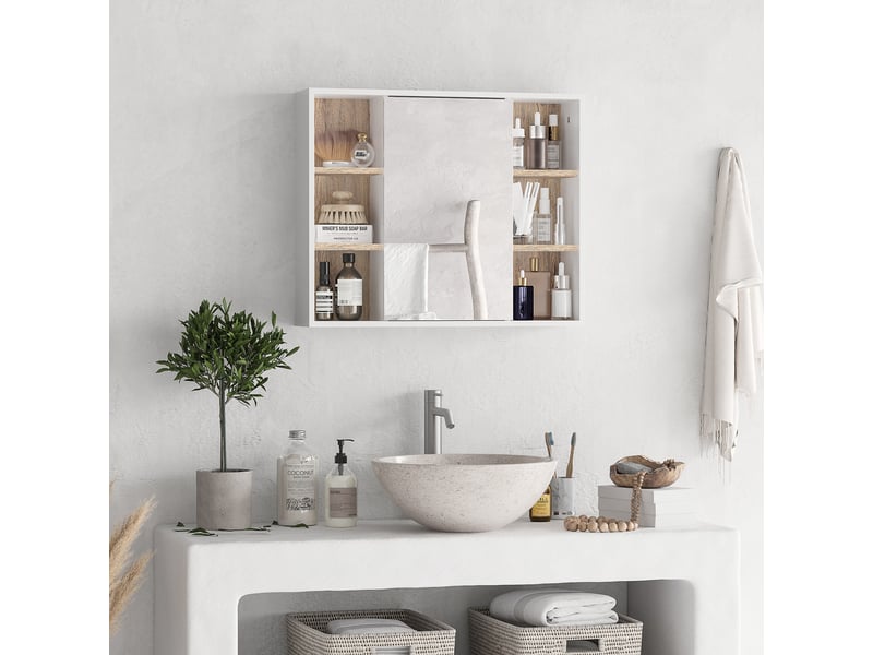  Armoire murale salle de bain avec miroir 60 x 14,5 x 49,4 cm, portes et 6 compartiments ouverts, meuble de rangement  - Conforama C