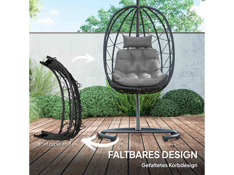  Fauteuil suspendu sur pied pliable en résine tressée gris foncé 102x102x195 cm  - Conforama D