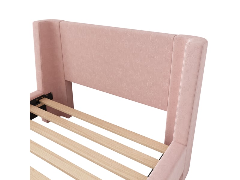  Lit enfant en velours rose, lit simple à motifs spatiaux et forme de traîneau, 90x200 cm, sans matelas  - Conforama E