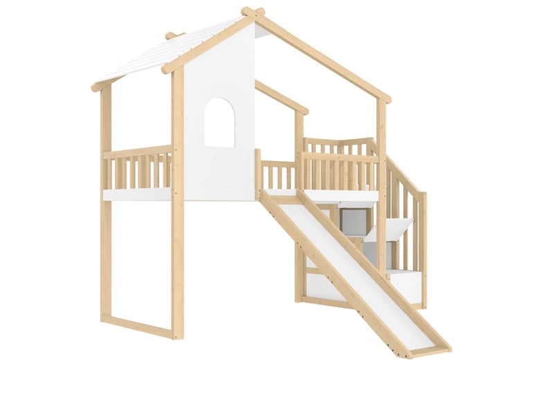  Lit mezzanine 90x200 cm avec toboggan, escalier de rangement en pin coloris naturel et blanc  - Conforama E