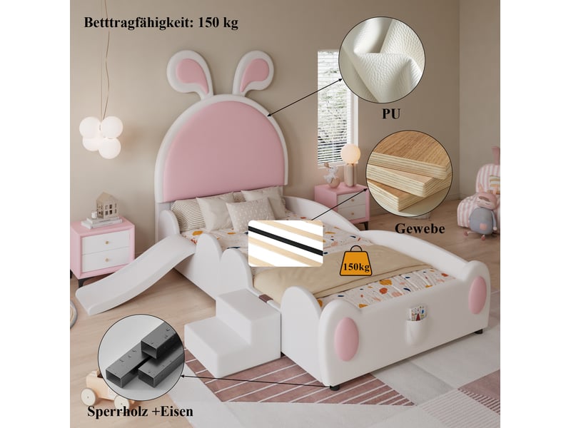  Lit enfant 90x200 cm avec toboggan et escalier blanc et rose  - Conforama E