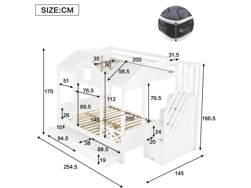  Modenvie lit superposé enfant 90x200 cm et 140x200 cm - avec rangement et escalier 4 niches - blanc  - Conforama C