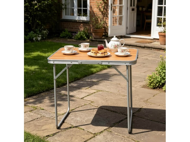  Table de camping pliante ulevr, portable avec poignée, 70 x 50 x 60 cm, plateau en mdf coloris chêne  - Conforama E