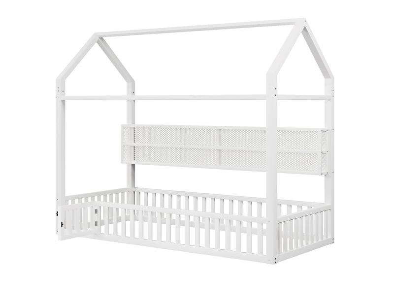  Lit plateforme en forme de maison 90 x 200 cm, blanc, lit cabane avec barrière de sécurité et éclairage led  - Conforama B