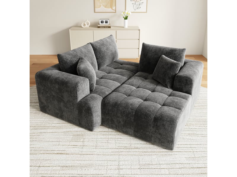 Canapé d’angle en l 3 places 244,5x136x79 cm modulable effet nuage sans structure, sans montage, assise profonde, mousse haute densité, chenille gris - Conforama D