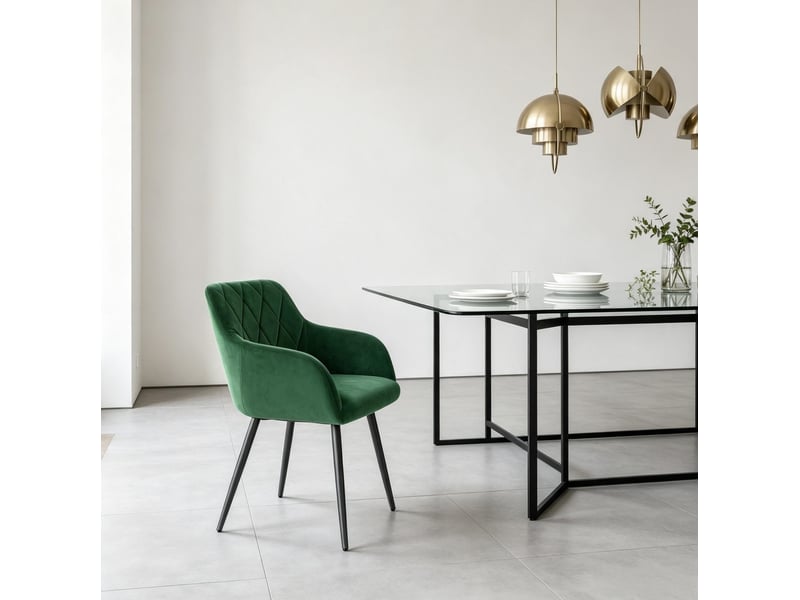  Chaise de salle à manger design en velours vert foncé avec accoudoirs et pieds en métal, confort rembourré  - Conforama E