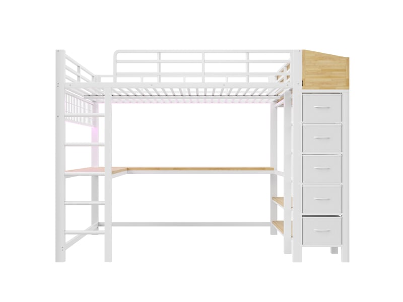  Lit mezzanine 140x200 cm avec bureau gaming, 5 tiroirs en tissu, led, prises usb et usb-c blanc Fay Lum - Conforama D