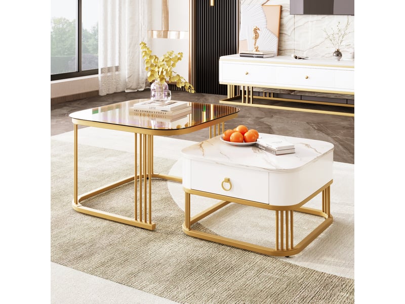  Tables basses gigognes avec 1 tiroir, plateau effet marbre brillant et verre brun, en mdf, blanc et or - uvrion  - Conforama D