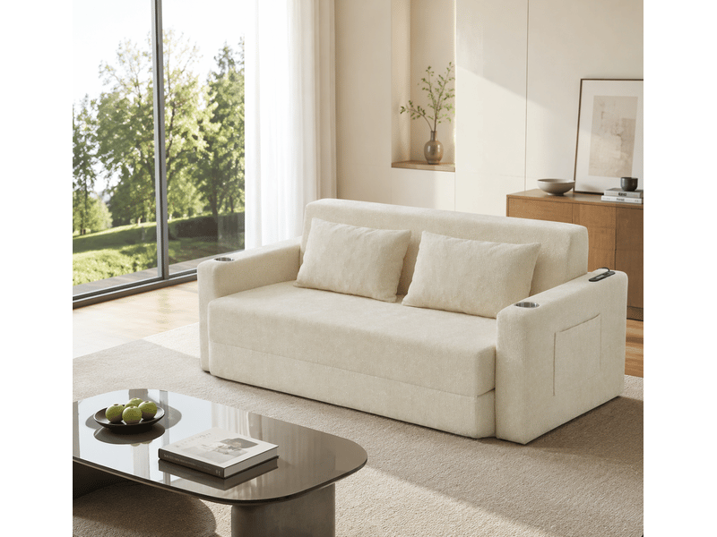 Canapé convertible 2 places pliable avec usb et porte-gobelets, en chenille beige 153 × 77 × 65 cm - Conforama B
