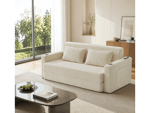 Canapé convertible 2 places pliable avec usb et porte-gobelets, en chenille beige 153 × 77 × 65 cm