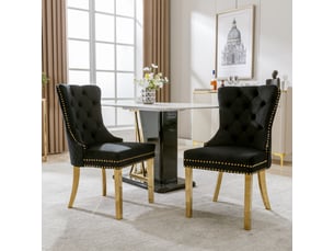 Lot de 2 chaises de salle à manger en velours noir avec pieds dorés et anneau décoratif, chaise contemporaine cloutée, 51×65.5×95 cm, noir