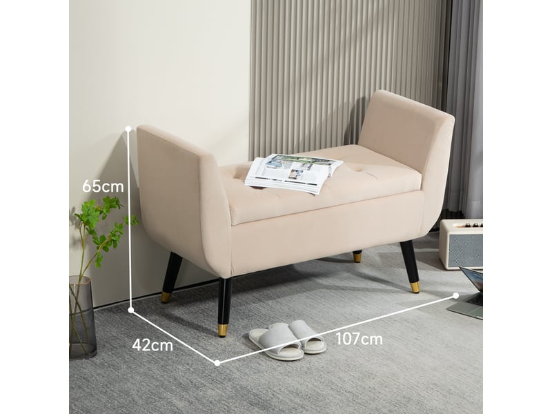  Banc rembourré beige avec accoudoirs et rangement intégré en polyester aspect velours et pieds en bois d'hévéa mesurant 107 x 42 x 65 cm  - Conforama C