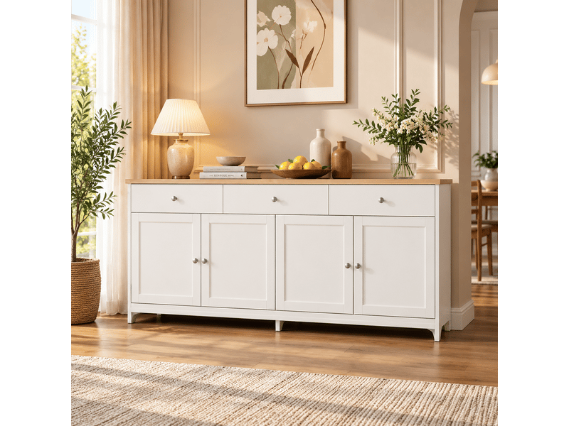  Buffet moderne 160cm, 4 portes et 3 tiroirs, étagères réglables, pour salon et salle à manger, blanc  - Conforama B