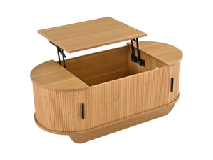 Table basse relevable ovale 100x50 cm, plateau réglable, portes à rideaux latérales, grand espace de rangement, couleur bois naturel