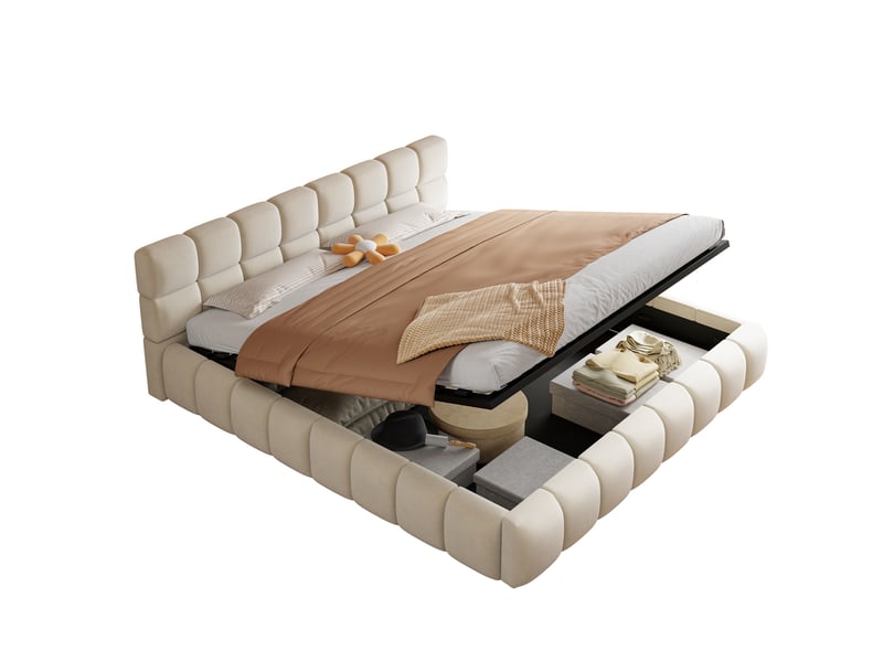  Lit coffre rembourré 180x200 cm, led multicolore par app, coffre hydraulique, tête de lit épaisse, sommier à lattes, velours - beige  - Conforama A