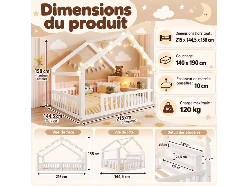  Lit cabane enfant 140 x 190 cm en pin avec guirlande led, barrières et étagères latérales gain de place, blanc  - Conforama C