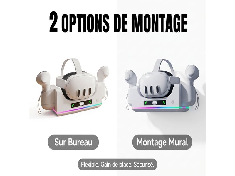 Station de charge 3 en 1 pour meta quest 3 3s avec support mural – socle de chargement rapide casque vr et manettes avec éclairage rgb et indicateurs led – blanc - Conforama C