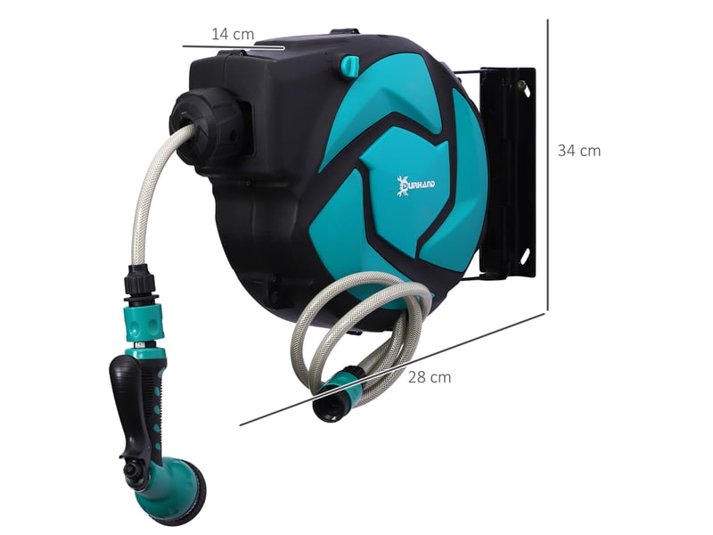  Enrouleur mural de tuyau 10 m – 28 x 14 x 34 cm – vert et noir – pivotant à 180° avec douchette 7 jets  - Conforama D