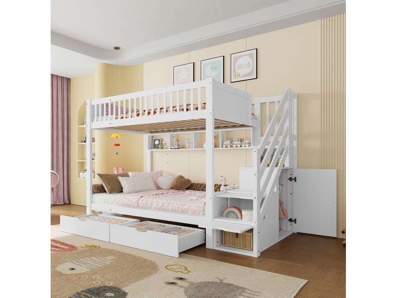  Lit superposé enfant 90x200 cm avec escalier de rangement, armoire et tiroirs blanc  - Conforama B