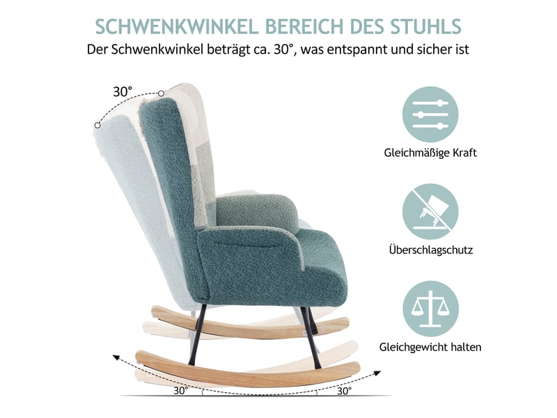 Fauteuil à bascule patchwork multicolore avec repose-pieds, pieds en bois d'hévéa, structure en fer, fauteuil salon et chambre - Conforama D