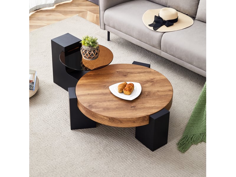  Ensemble de 2 tables basses rondes, ø 61 cm h 30 cm et ø 44 cm h 44 cm, mdf et verre noir bois  - Conforama D