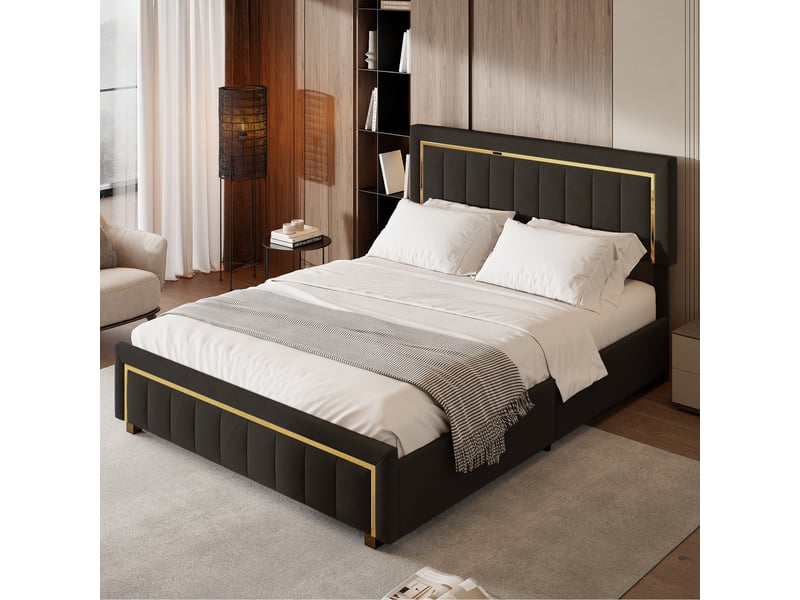  Lit coffre 160x200, lit 2 places avec rangement hydraulique, tête de lit et sommier à lattes, velours noir  - Conforama W