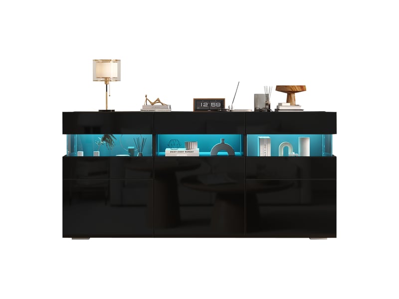 Buffet noir 140x40,5x66,5 cm avec 3 portes, led et façade acrylique transparente - Conforama A