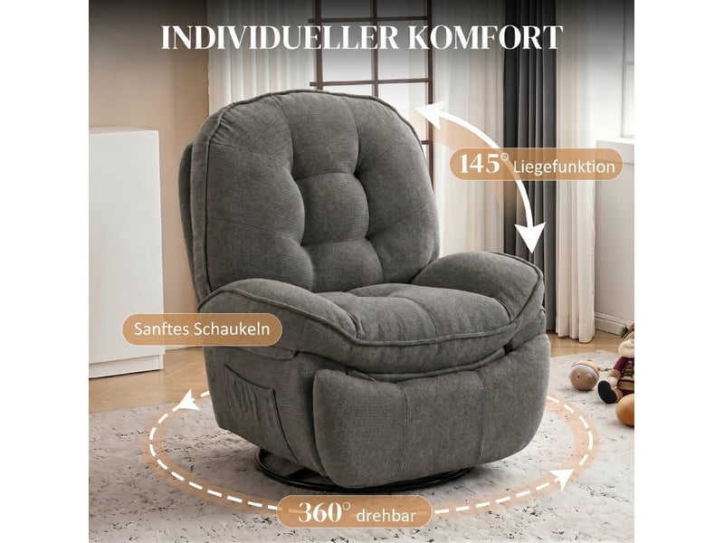  Fauteuil relax pivotant gris clair avec fonction bascule, inclinaison manuelle et repose-pieds  - Conforama D