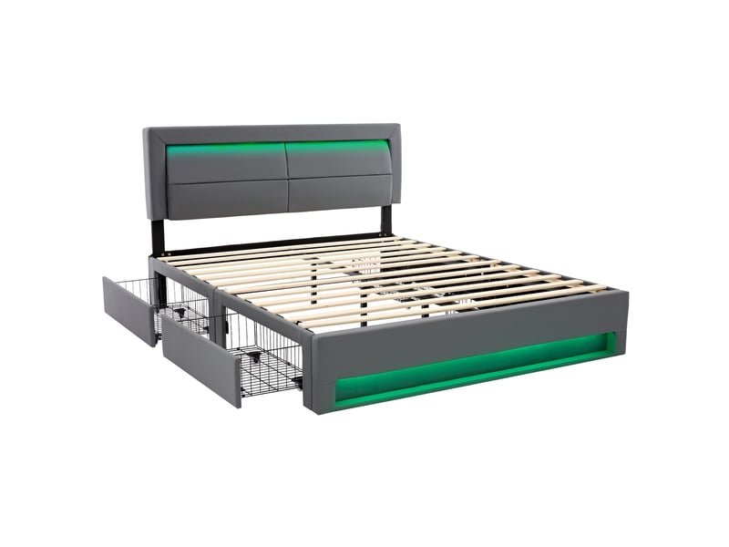  Lit rembourré 140 x 190 cm avec 4 tiroirs, éclairage led, ports usb et recharge sans fil, revêtement pu gris Fay Lum - Conforama W