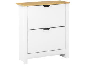 Meuble à chaussures 12 paires, armoire à chaussures étroite avec 2 tiroirs rabattables et étagères réglables, style moderne, pour couloir, entrée, blanc et bois naturel, 72 x 26 x 80 cm