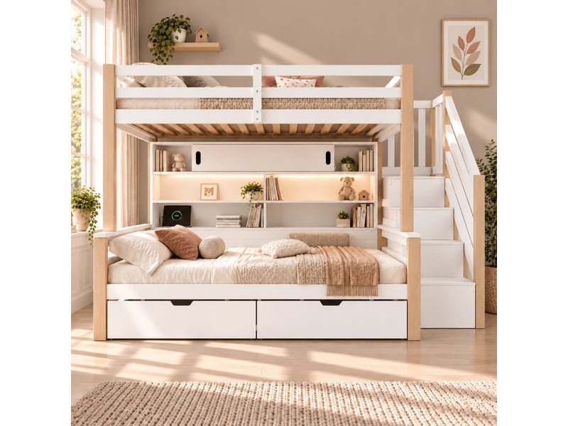 Lit superposé enfant 2 places 90x200 cm avec escalier de rangement, led via appli, usb et usb-c, prise eu, portes coulissantes, pin blanc et naturel - Conforama B