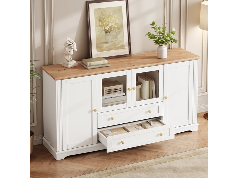  Buffet 160x40x80.5cm avec 4 portes vitrées, 2 tiroirs, poignées en fer et éclairage led pilotable par application, mdf, blanc evarich - Conforama E