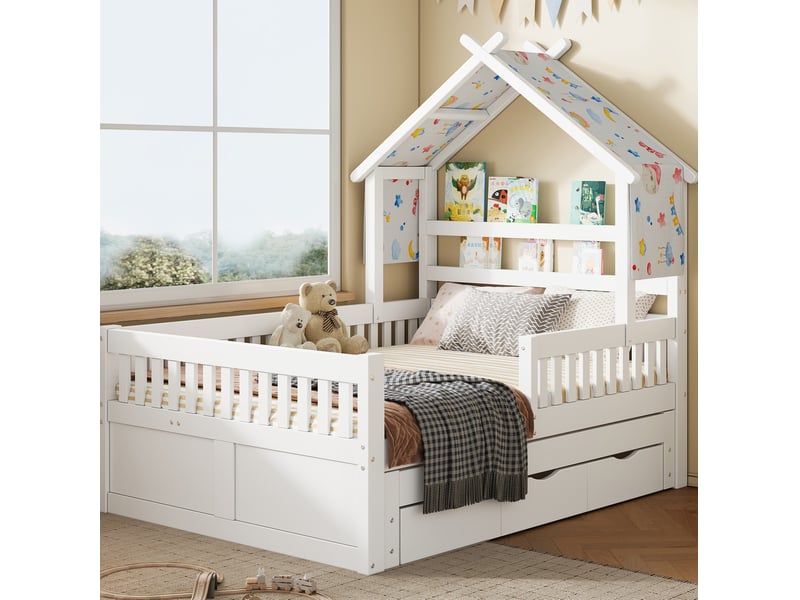  Lit cabane 140x200 cm, lit gigogne, 3 tiroirs, barrières sécurité enfant, chambre enfant, mdf, blanc, sans matelas  - Conforama B
