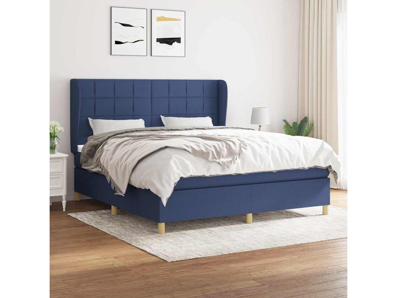  Sommier à lattes rembourré en tissu bleu confortable matelas 160x200 cm chambre à coucher  - Conforama B