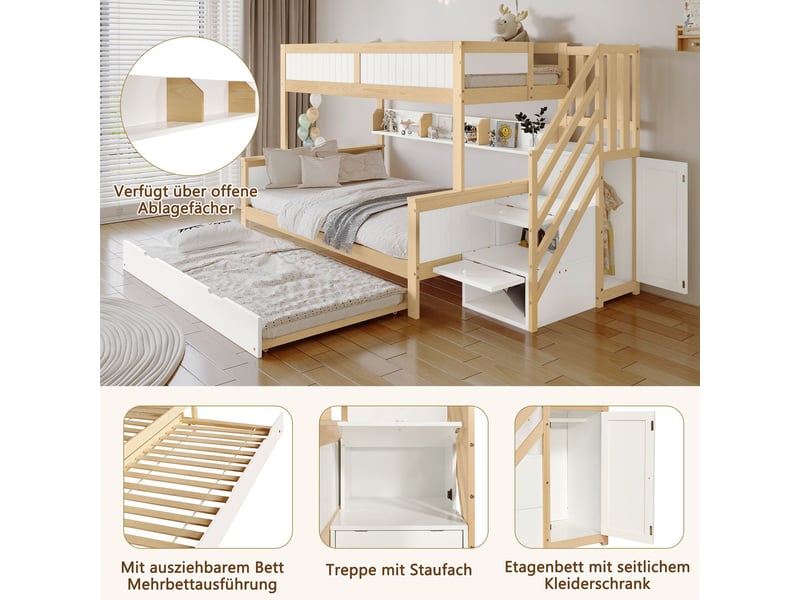  Lit superposé 90x200120x200 cm avec protection contre les chutes et rails pour trois lits, lit enfant avec armoire, blanc + naturel  - Conforama E
