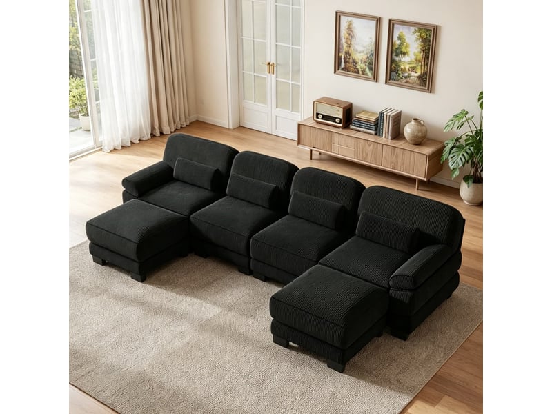  Canapé d’angle 4 places en u, avec 2 poufs, structure avec armature, assise spacieuse et profonde, velours côtelé doux, 336 × 161 × 94 cm, noir  - Conforama D