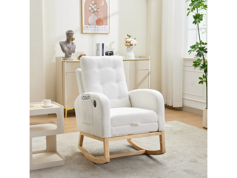  Fauteuil à bascule avec repose-pieds coulissant, ports usb et usb-c, poches, bouclé blanc, 66,5 × 121,5 × 102 cm  - Conforama C