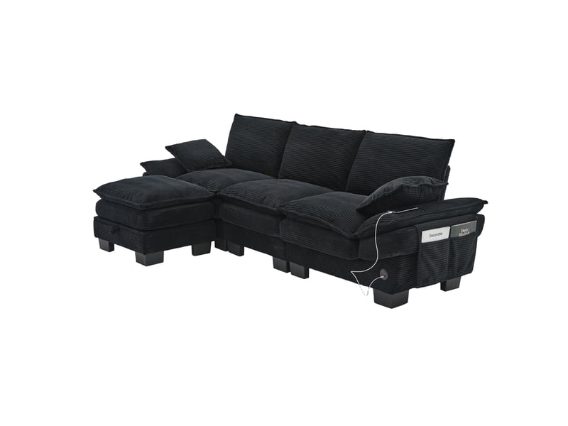 Canapé droit 3pl 260x132x84 cm, pouf avec rangement, assise généreuse, port de charge, poches latérales, velours côtelé noir, pour le salon - Conforama A