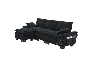 Canapé droit 3pl 260x132x84 cm, pouf avec rangement, assise généreuse, port de charge, poches latérales, velours côtelé noir, pour le salon