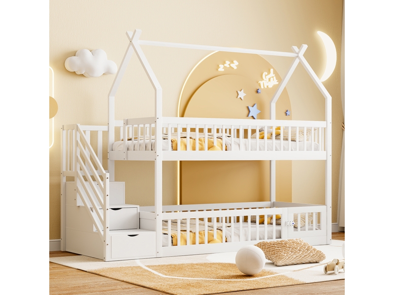  Lit étage enfant 90x200 cm, cadre en bois massif avec toit, escalier de rangement et tiroirs, coloris blanc  - Conforama C