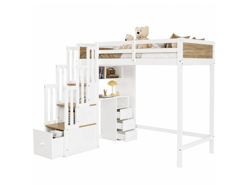  Lit mezzanine enfant 90x200 cm avec bureau et rangements blanc et naturel  - Conforama A