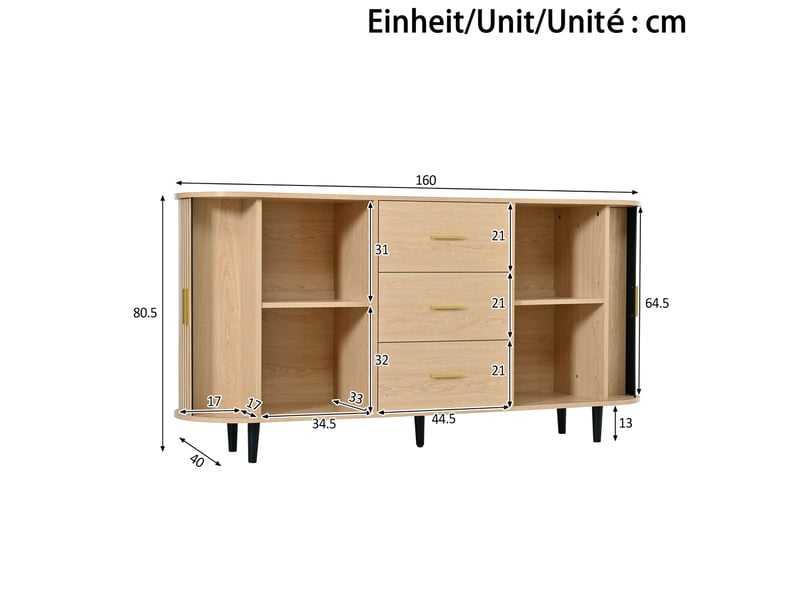  Buffet 160 cm en mdf coloris naturel avec 3 tiroirs et portes coulissantes  - Conforama C