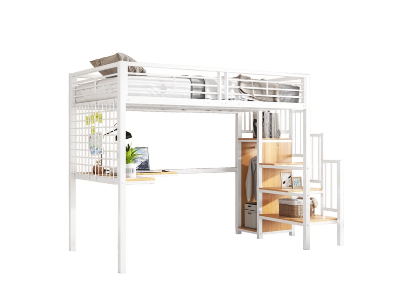 Lit mezzanine enfant 90x200 cm – blanc et naturel – bureau, armoire et escalier latéral avec main courante - Conforama A