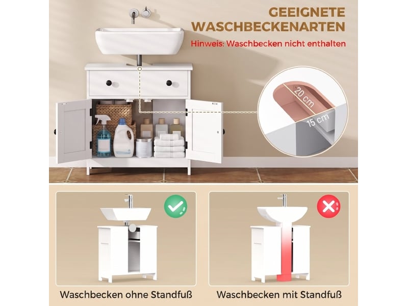  Meuble sous lavabo blanc 60 cm en mdf, 1 tiroir et 2 portes à fermeture douce, rangement pratique salle de bains  - Conforama D