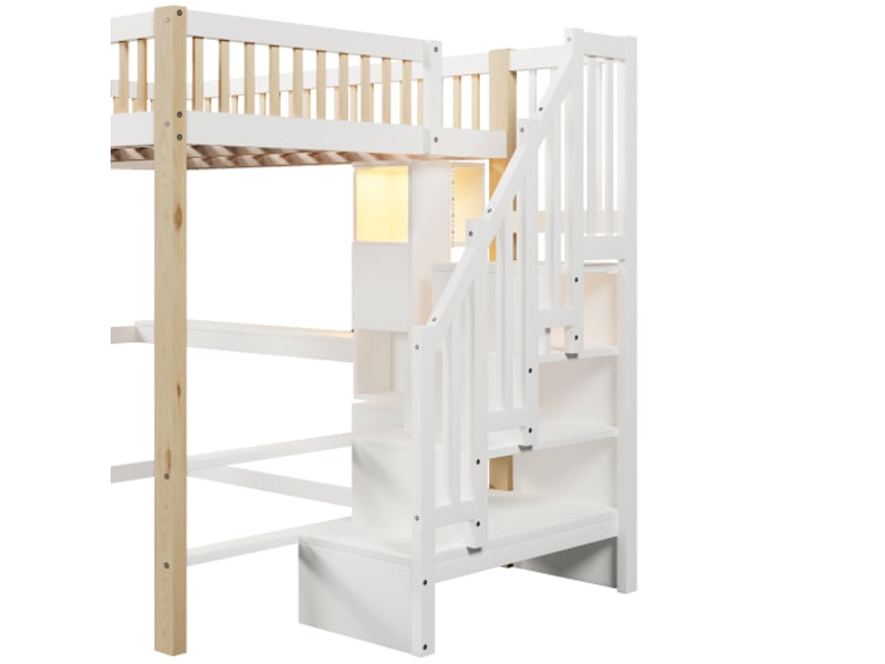  Lit mezzanine 140x200 cm, led, escalier de rangement, compartiment ouvert, bureau, blanc, sans matelas  - Conforama E