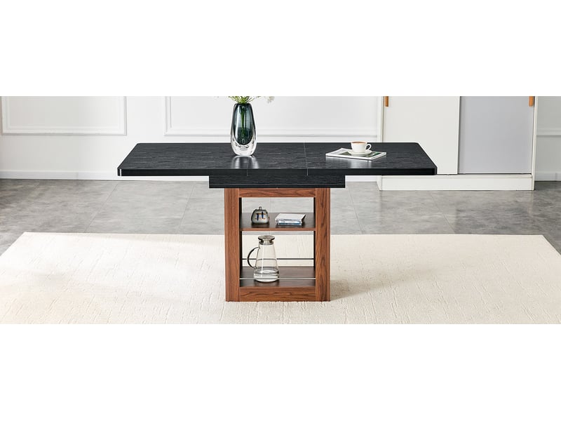  Table à manger extensible noire avec rangement, finition effet bois et piètement couleur noyer, 130-160 cm  - Conforama D