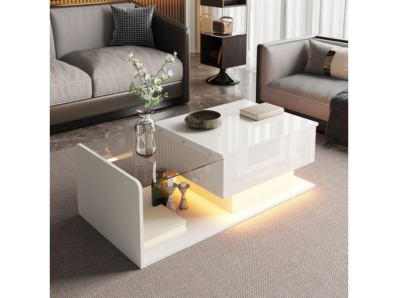  Table basse salon, plateau verre trempé blanc brillant, rangement intégré, led intégrées, hauteur réglable  - Conforama B