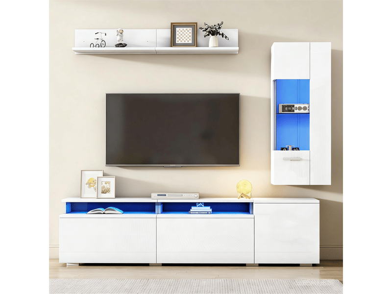  Ensemble meuble tv mural blanc laqué 3 pièces avec led pour écran 80 pouces  - Conforama D
