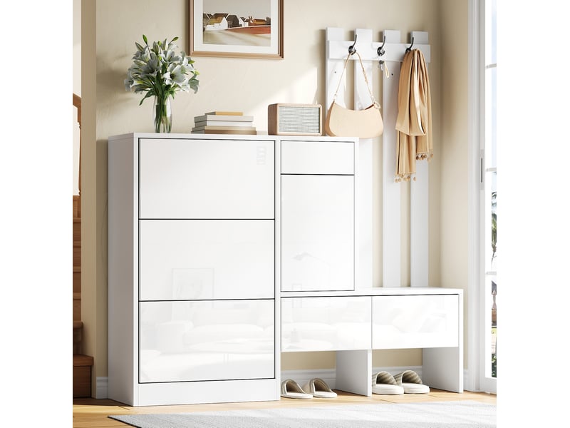  Meuble d'entrée avec 3 abattants à chaussures, 3 tiroirs, banc et patères pour couloir, mdf blanc, 160 × 35 × 160 cm  - Conforama C