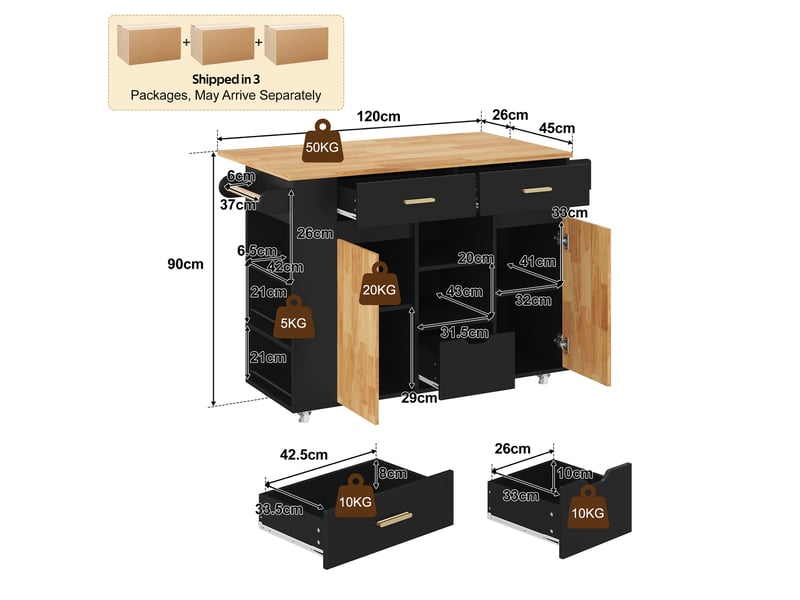  Desserte de cuisine 120x45x90 cm plateau rabattable mdf noir et naturel  - Conforama E